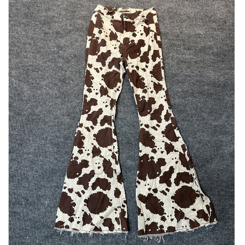 Rock & Roll Denim Bargain Button Bell Jeans 25x34 Brown Cow Print Flare Denim